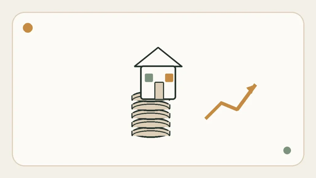 Minimal infographic showing a house over stacked value symbols and a rising trend