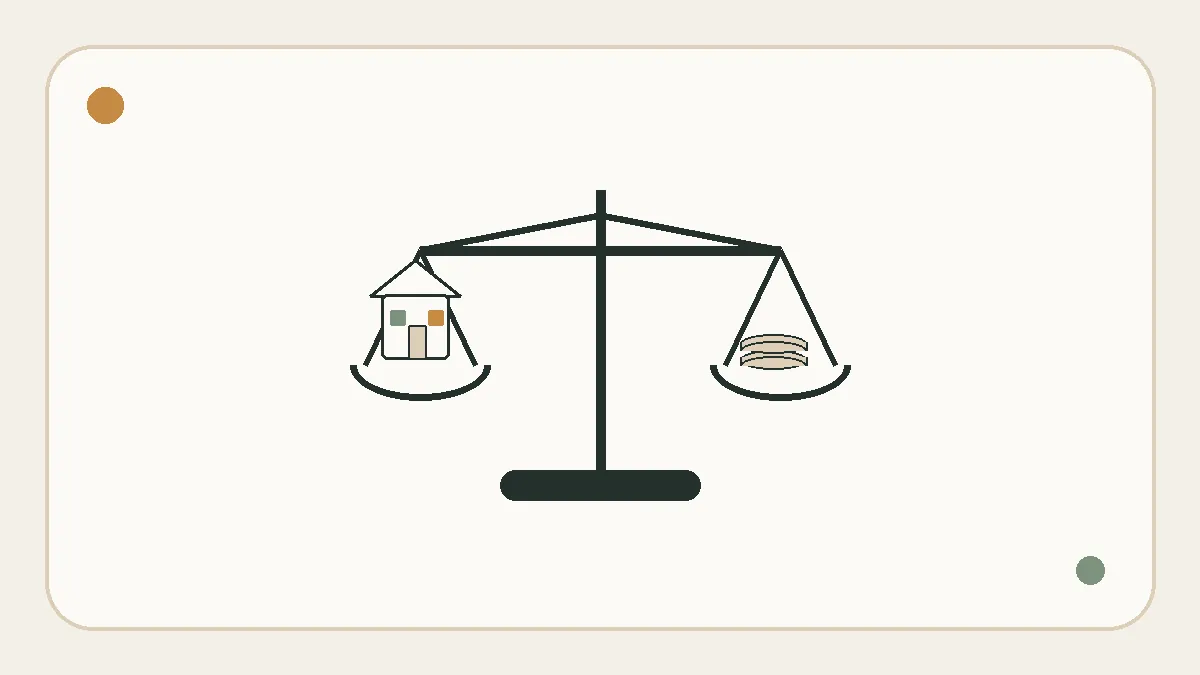 Minimal balance-scale infographic comparing a house and value symbols