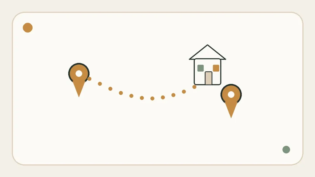Minimal route infographic with location markers and a house